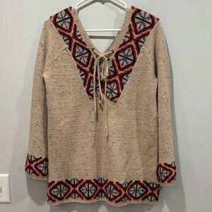 Mystree Beige V-Neck Sweater with Red and Blue Accents